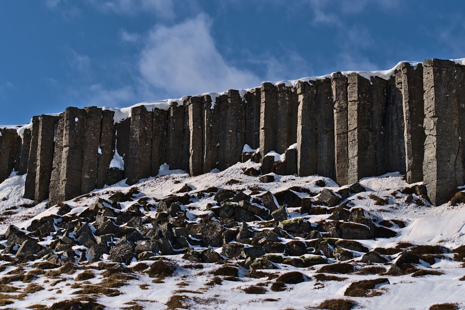 Gerðuberg basalt cliffs in Iceland in the snow