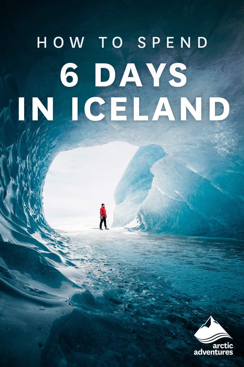 Man inside ethereal glacial tunnel 