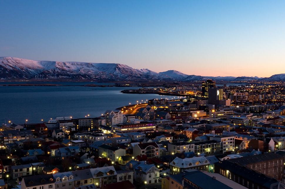 Beautiful dawn in Reykjavik with lights
