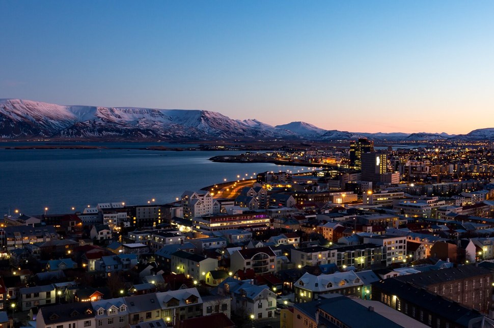 Beautiful dawn in Reykjavik with lights
