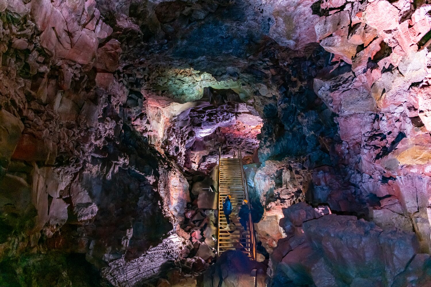 Stair in huge lava cave underground