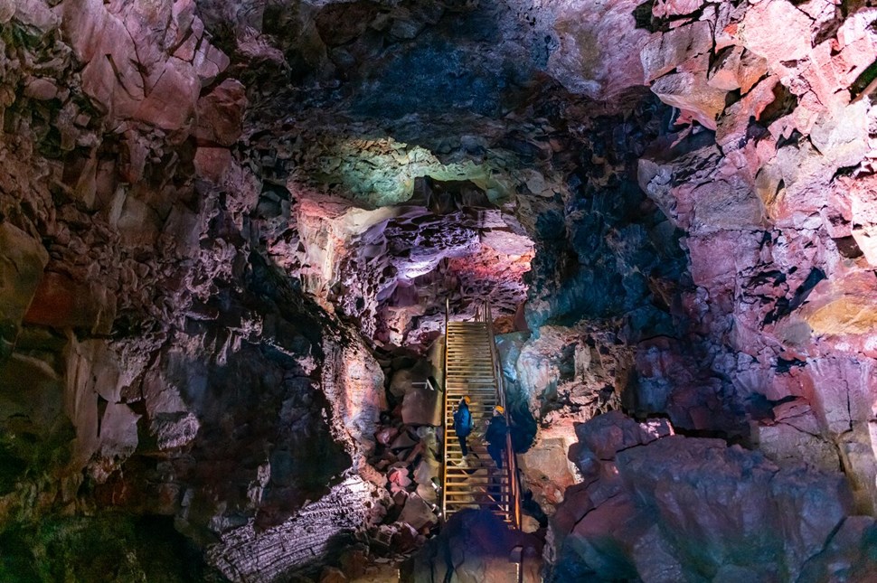 Stair in huge lava cave underground