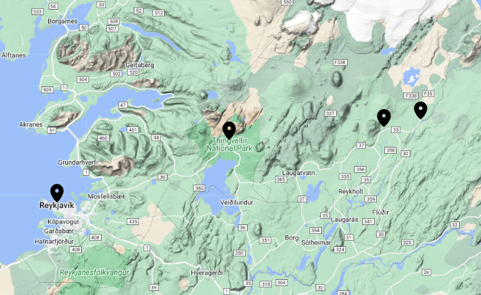 Golden circle and snorkeling tour interactive map