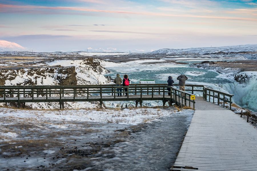 View point by Gullfoss waterfall in winter