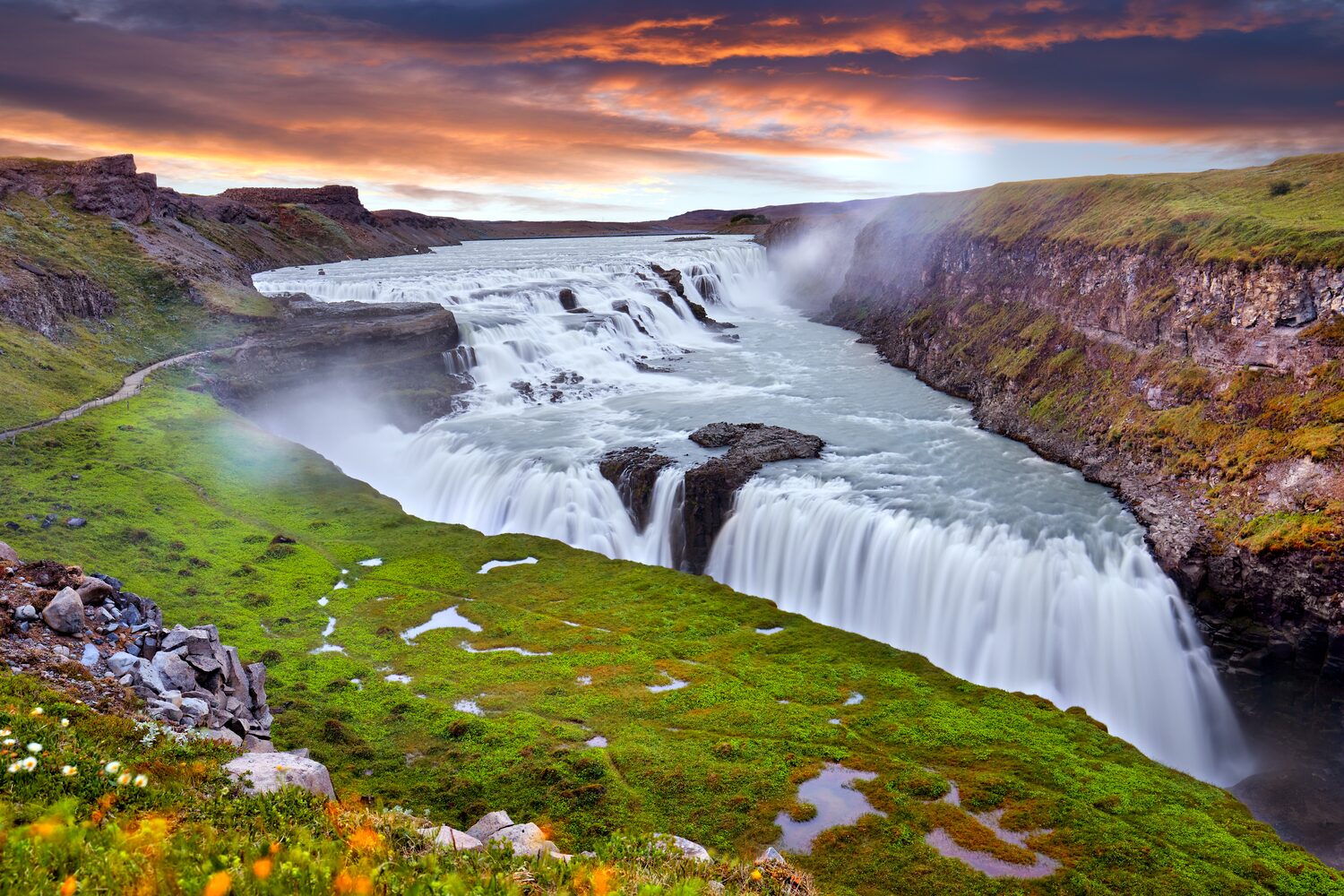 Gullfoss waterfall at sunset in summertime