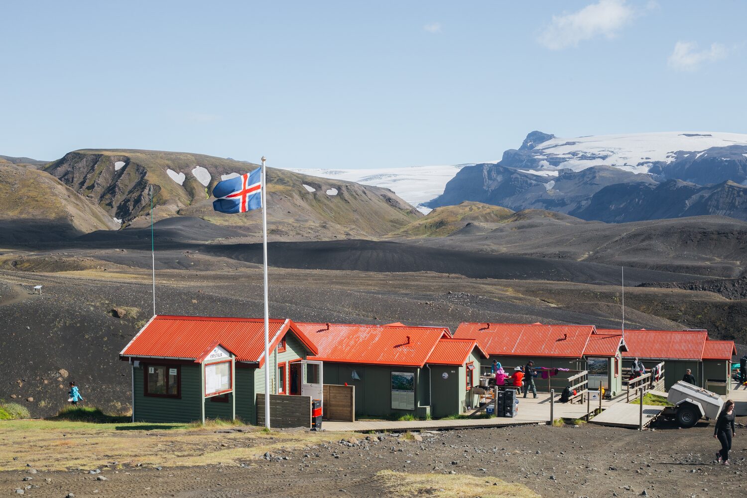 Landmannalaugar hiking huts with mountains in background.