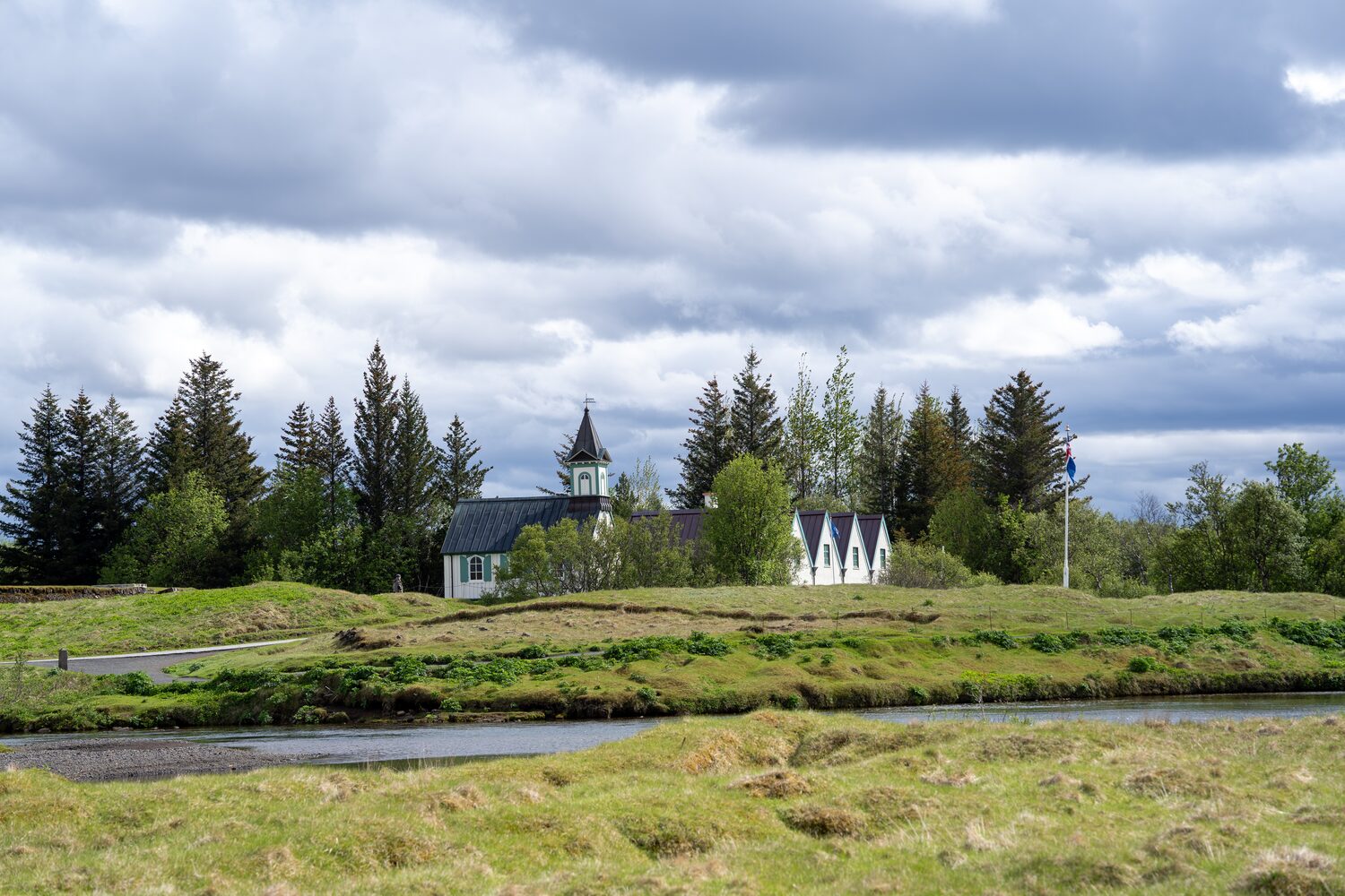 White church and houses in Thingvellir park