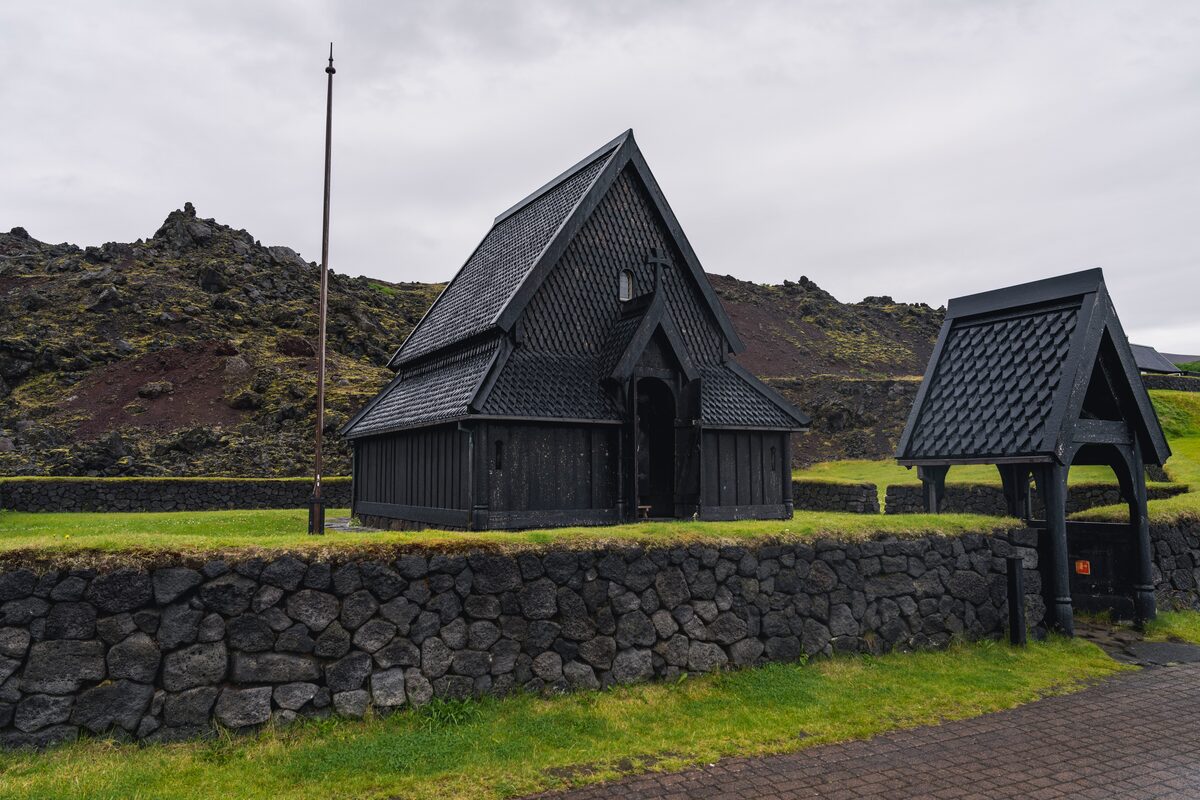 Black viking church in Vestmannaeyjar island