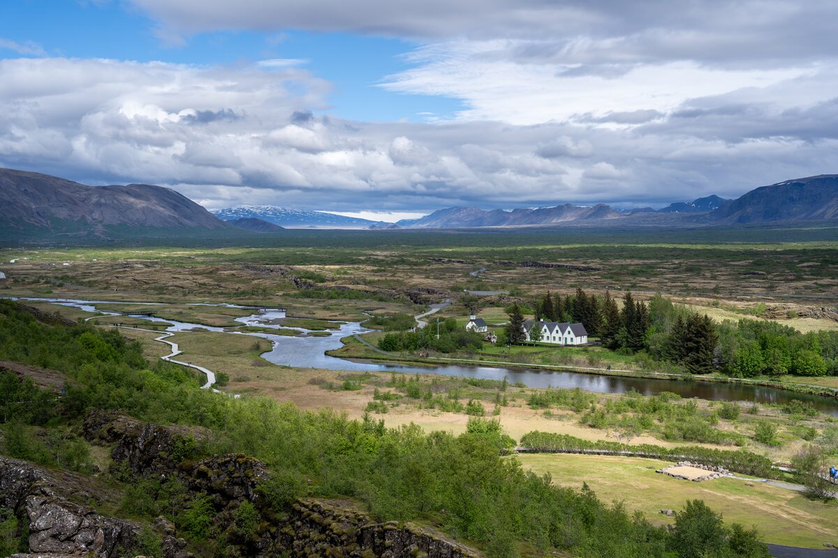 Thingvellir national park in summer vast landscape with green trees and blue skies