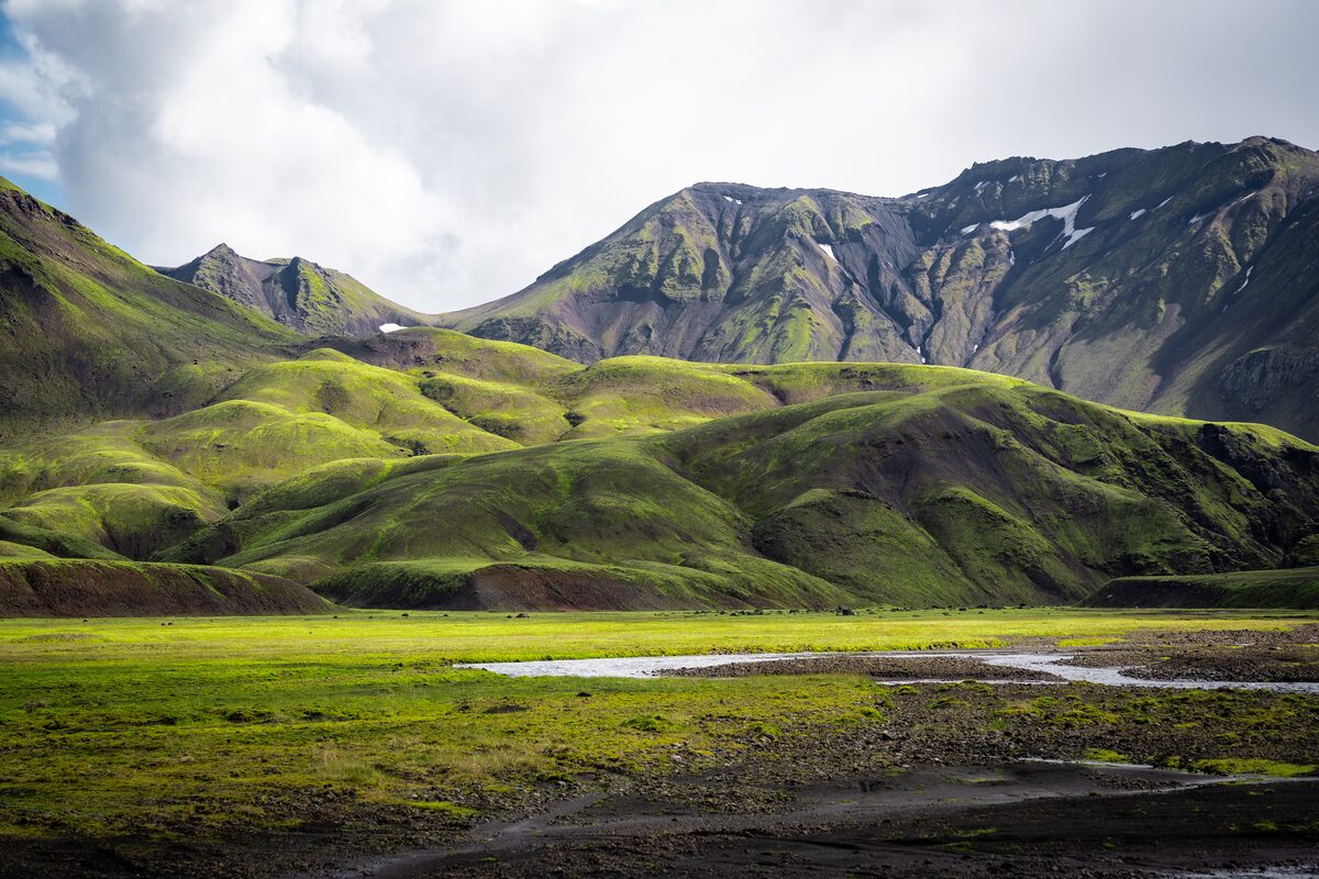 Green mountain landscape on a trekking trail in Laugavegur