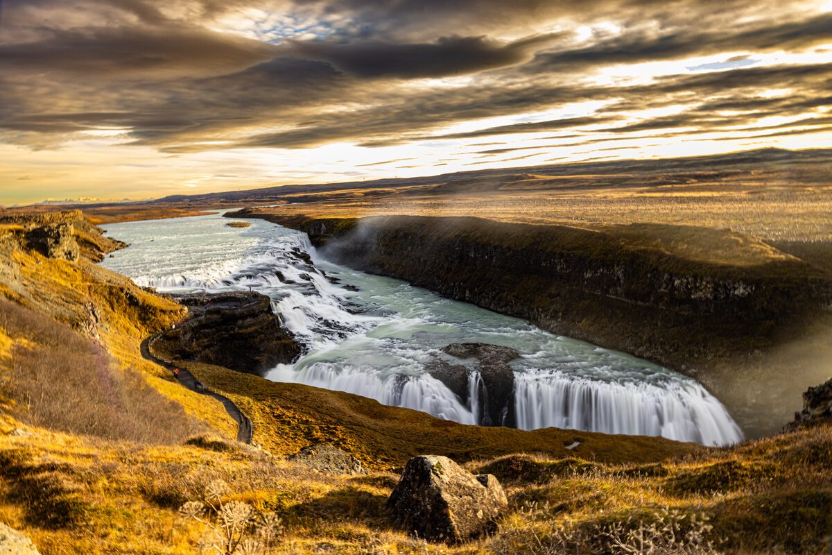 Waterfall at sunset in Iceland