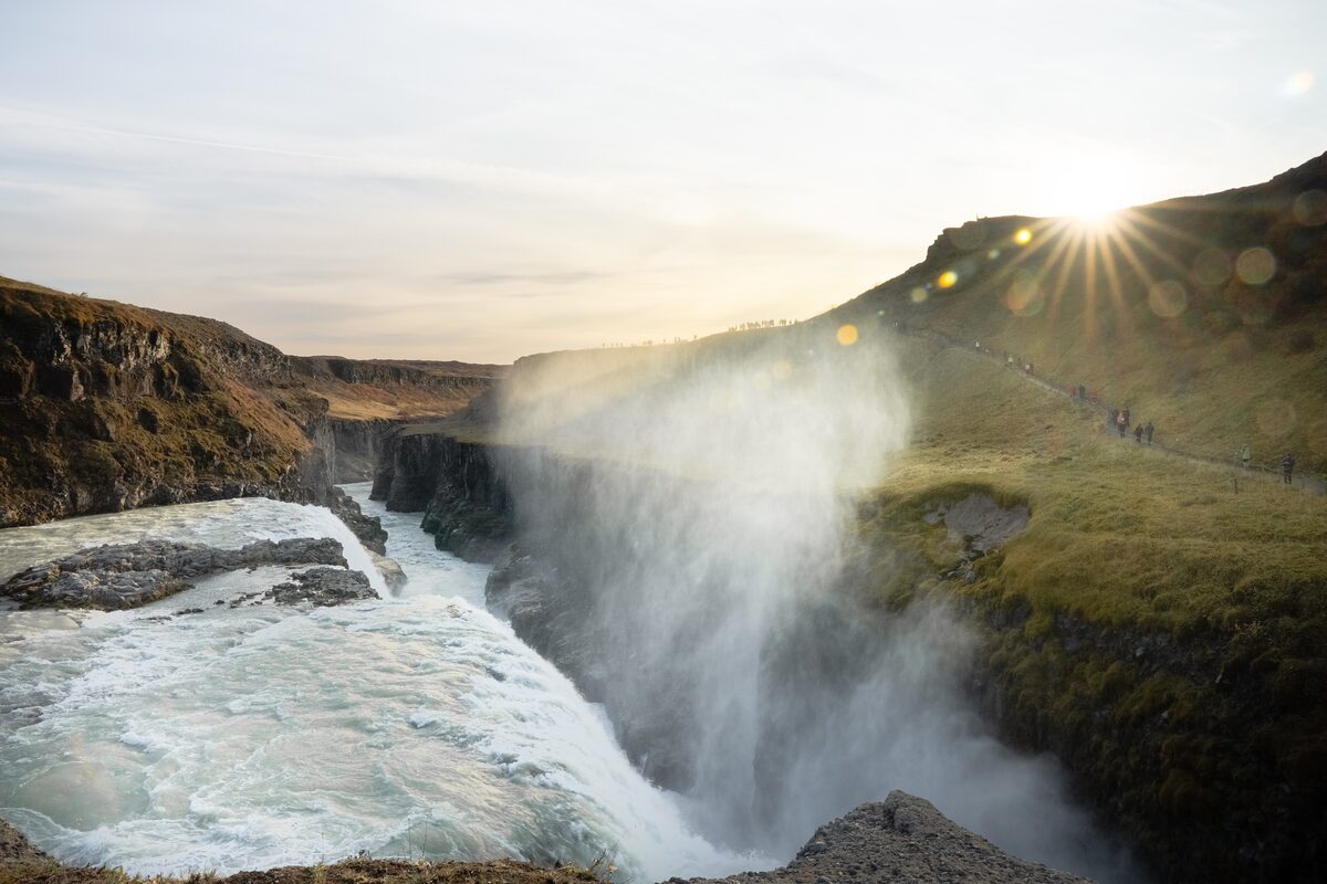 Sunshine by Gullfoss waterfall in Iceland