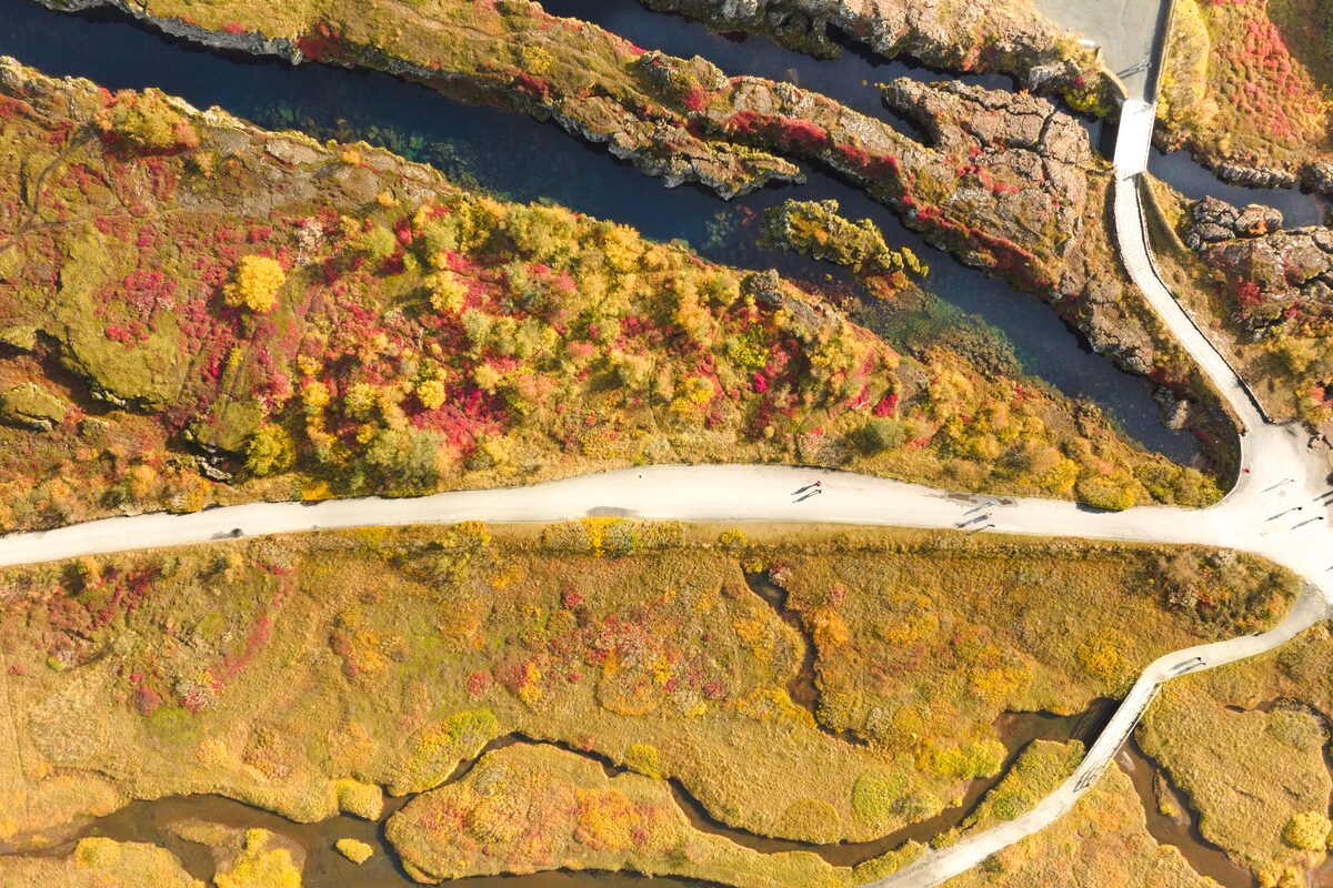 Aerial view of pathways at Thingvellir park