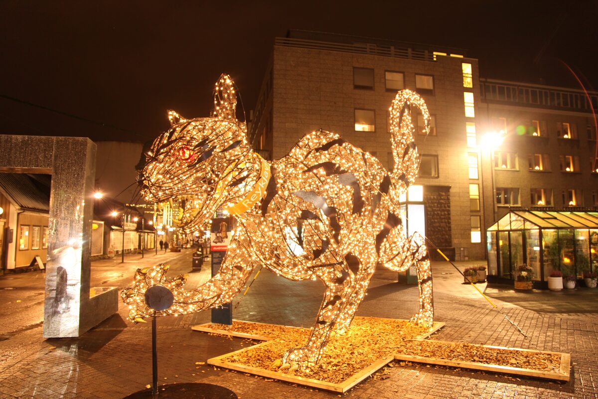 Big Yule cat installation, icelandic christmas cat a monument in Reykjavik