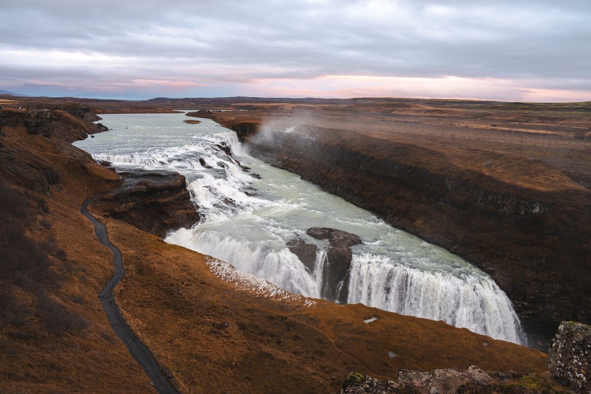 Autumnal ariel view of gullfoss waterfall during sunset 
