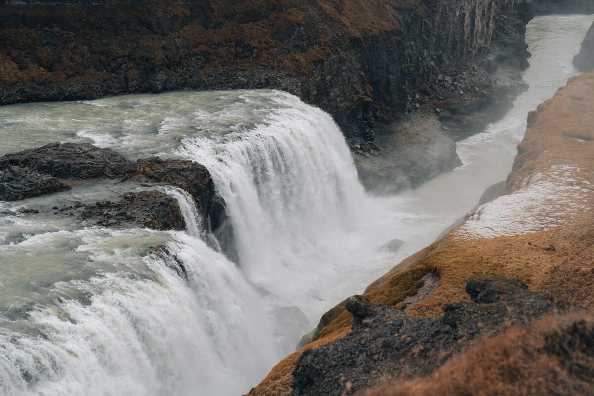 Close up side view of beautiful gullfoss waterfall in autumn