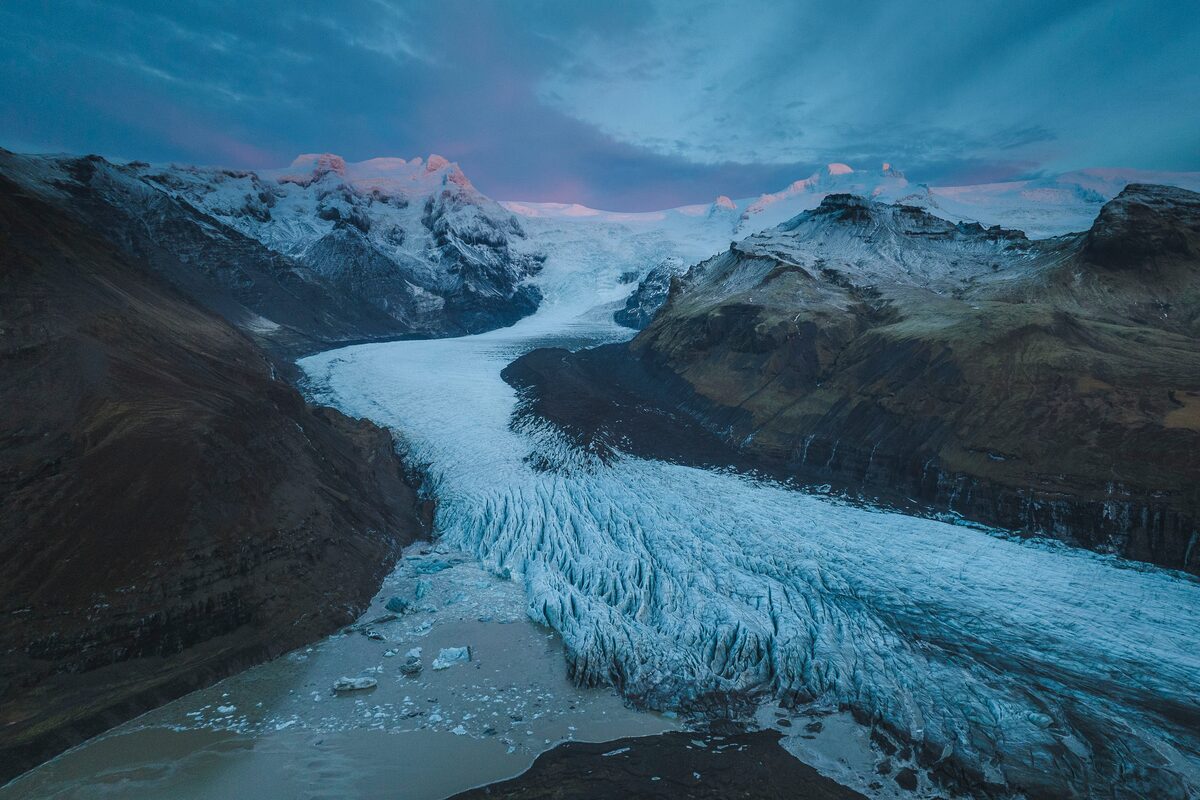 Aerial view of Svinafellsjokull Glacier in the evening