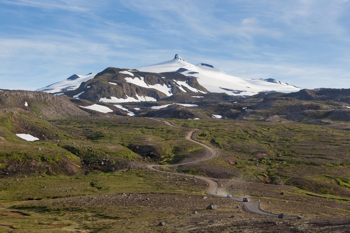 Panorama of fields in Iceland with Snaefellsjokull glacier