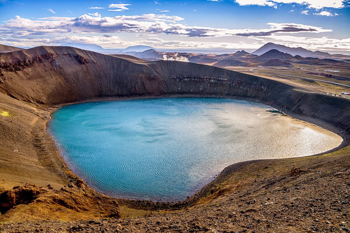 Bright blue crater lake in North of Iceland