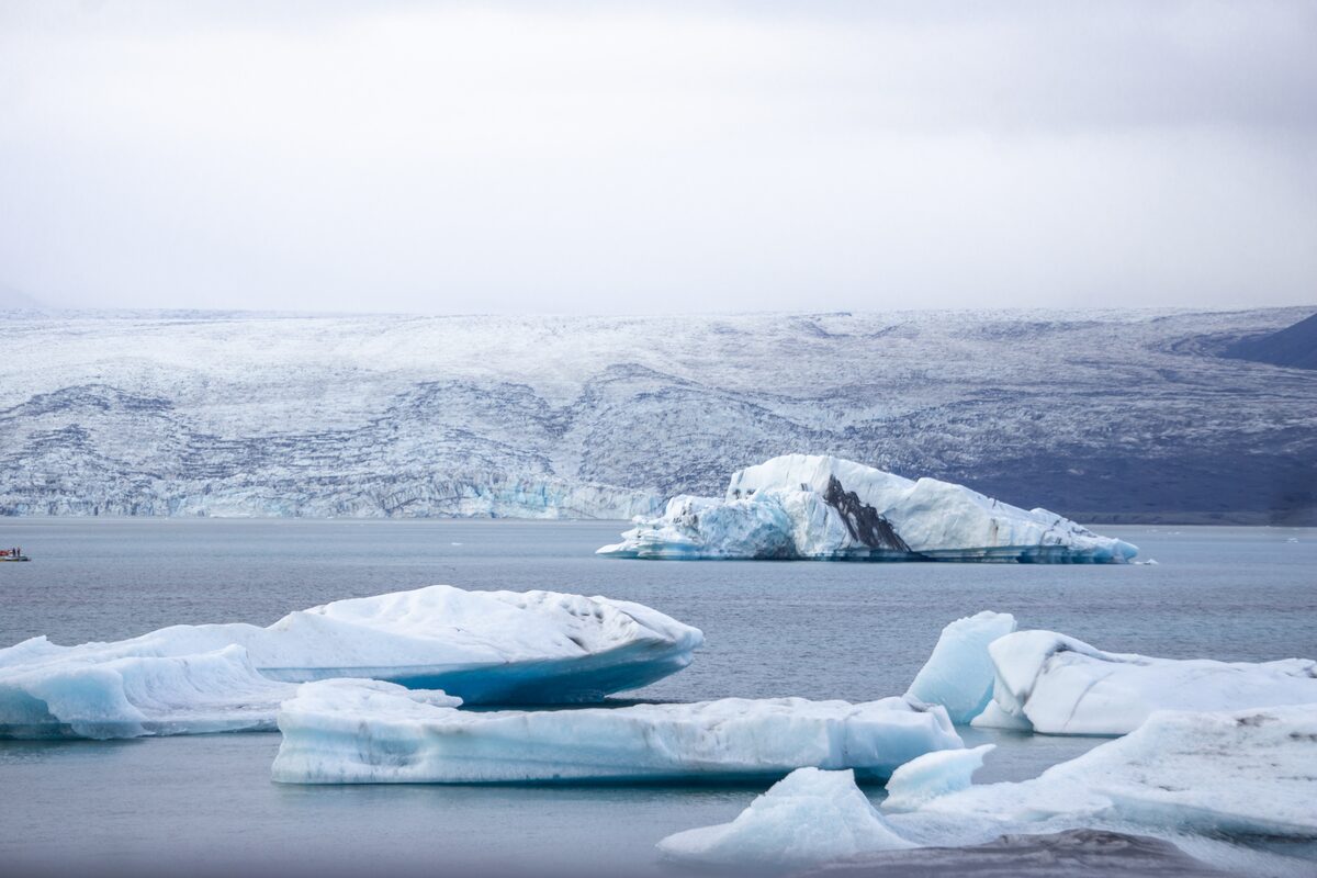 Huge floating icebergs in glacier lagoon