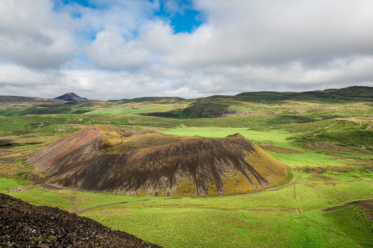 Grabrok volcano crater around lava fields
