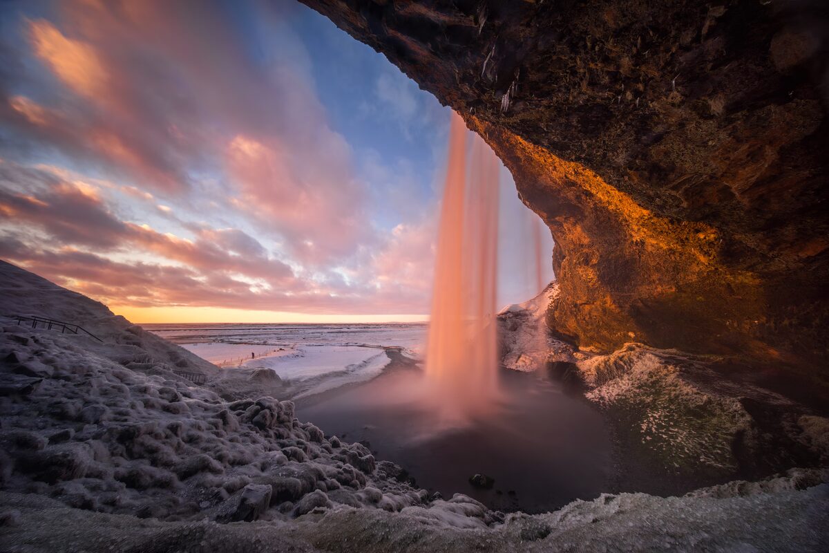 Seljalandsfoss waterfall at sunset