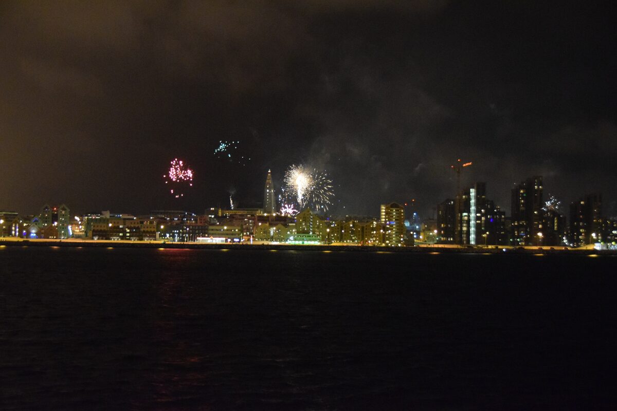 Reykjavik city view from boat during New Year's eve