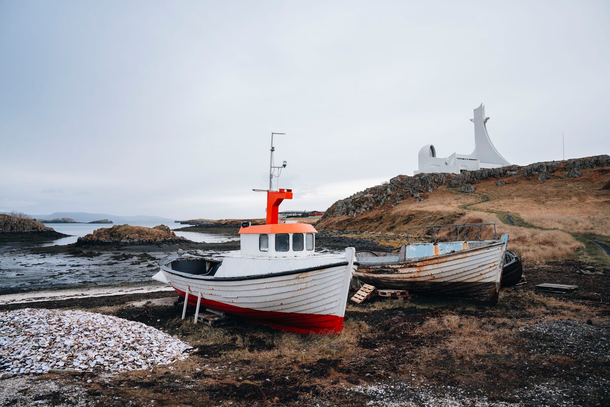 Two boats on the shore of Stykkisholmur town