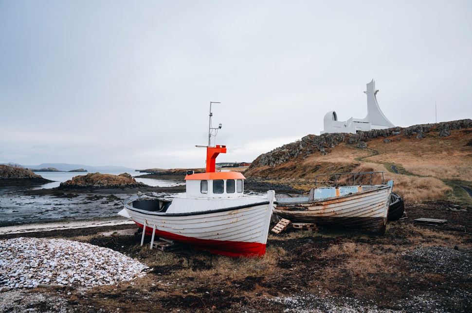 Two boats on the shore of Stykkisholmur town