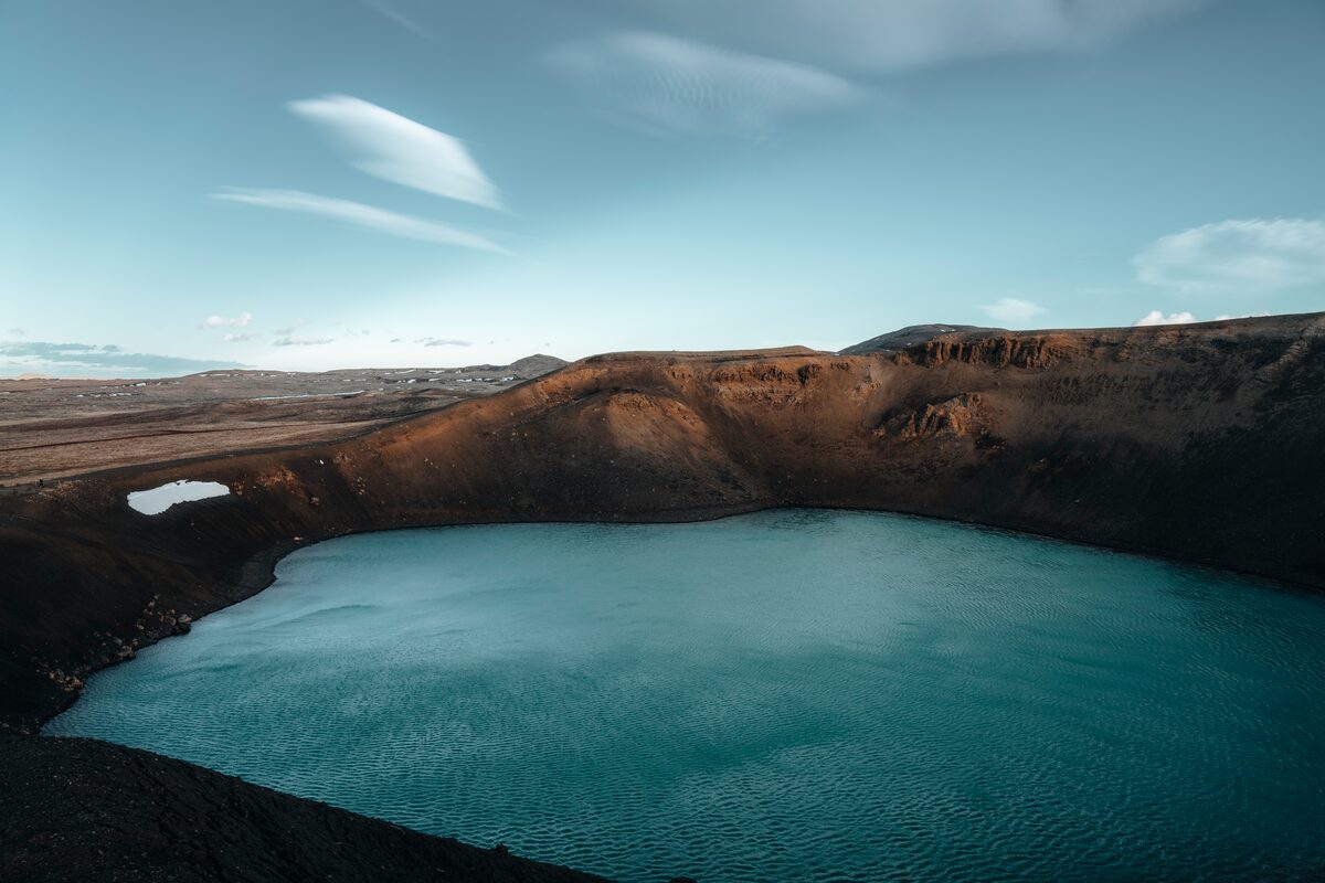 Large bright blue Stora-Viti crater landscape in north iceland 