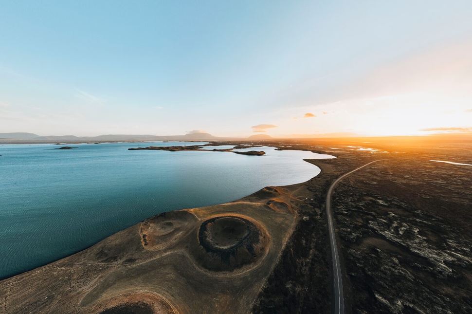 North Lake At Myvatn Ariel shot of North part of Myvatn lake and craters during sunset