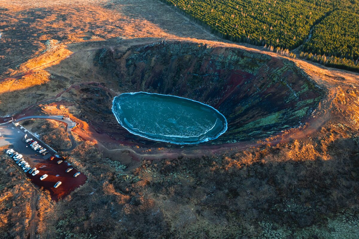 Frozen volcano crater aerial view