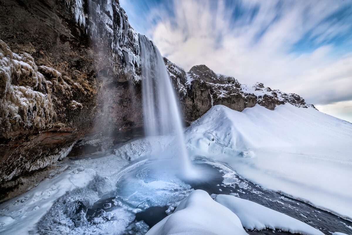 Large Seljalandfoss Waterfall Snow