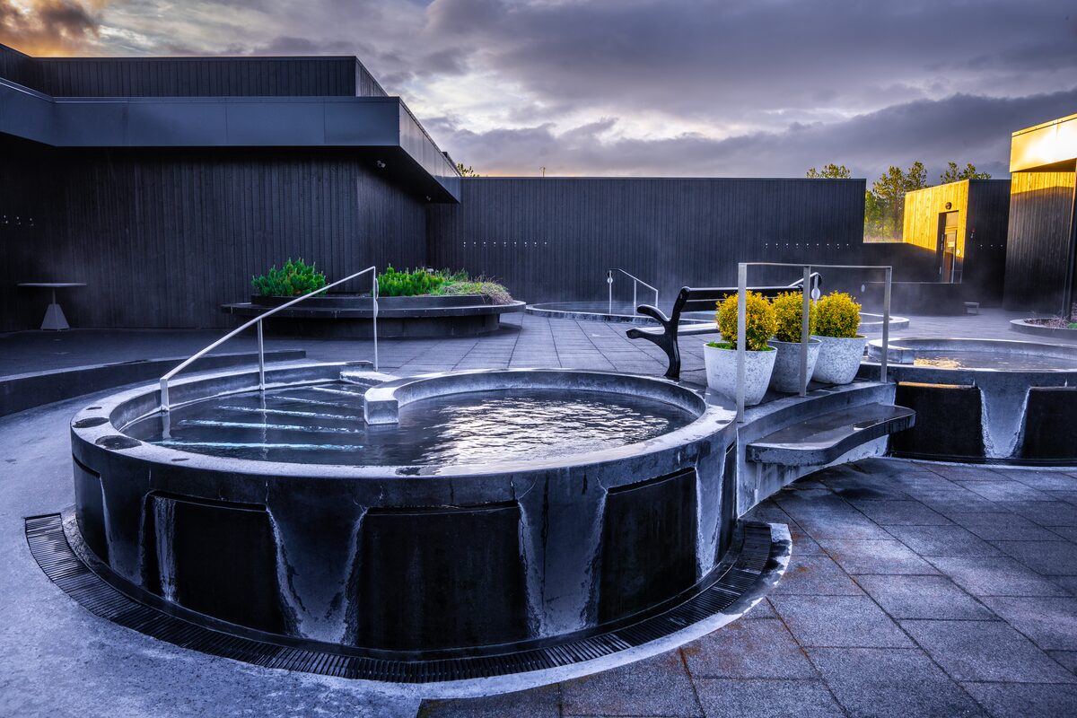 Krauma baths in winter outside hot tub during evening clouds 