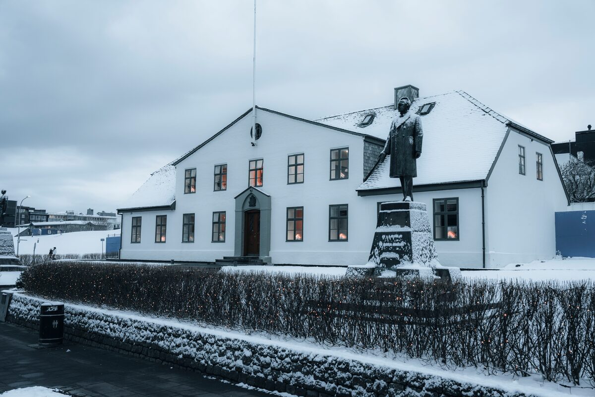 Reykjavik building with statue in winter