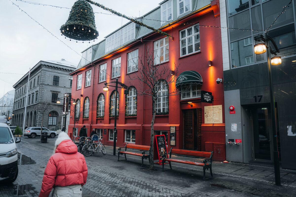 Building in red color decorated for Christmas