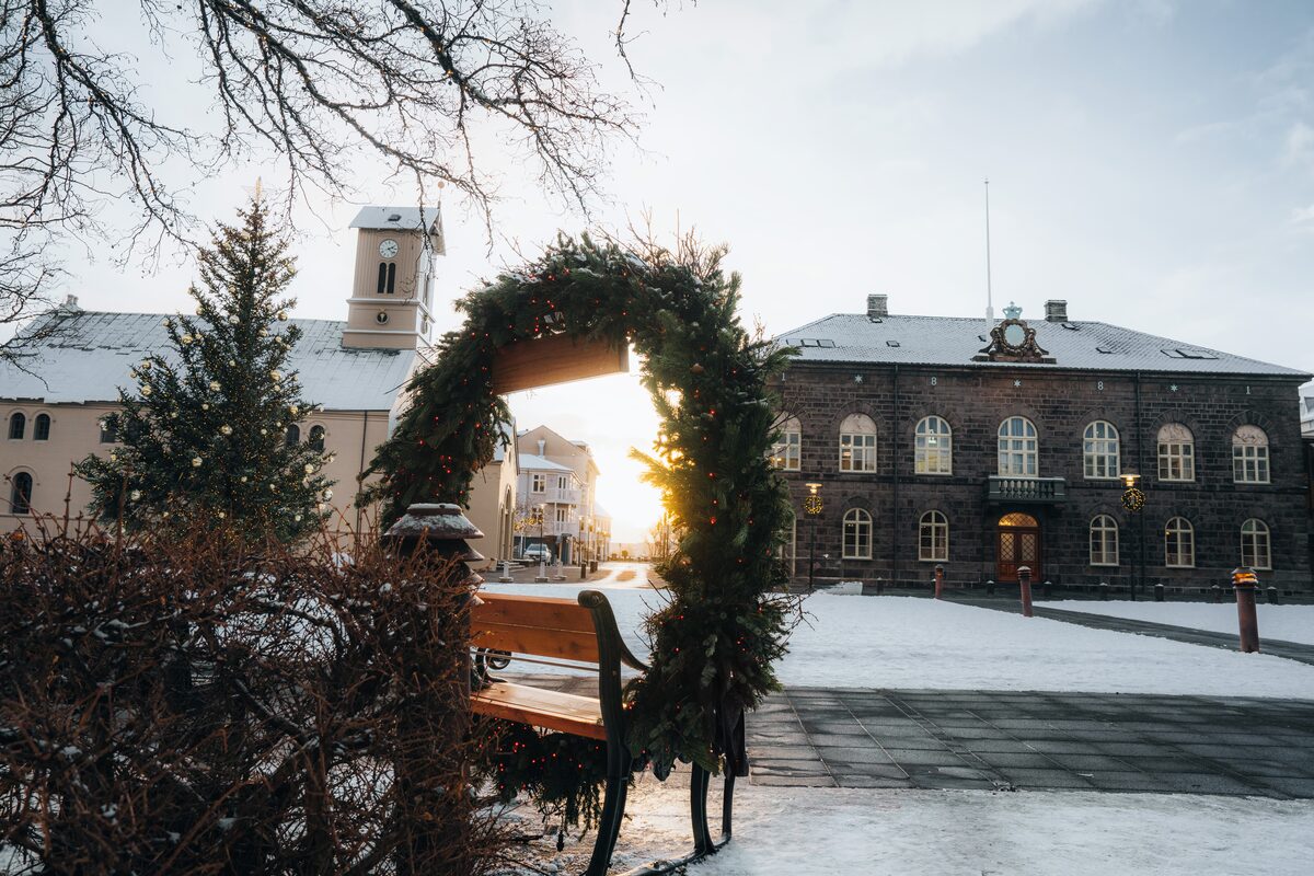 Christmas decorations by Reykjavik Parliament building