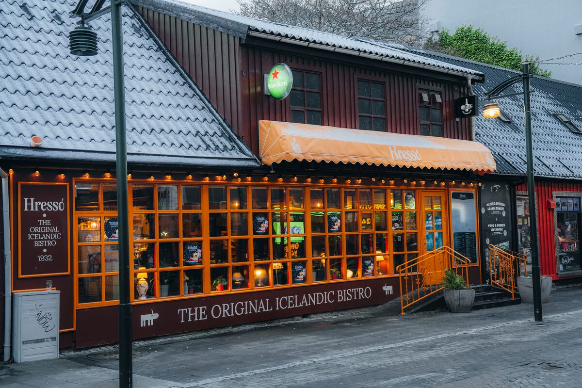 Bistro with orange windows in Reykjavik