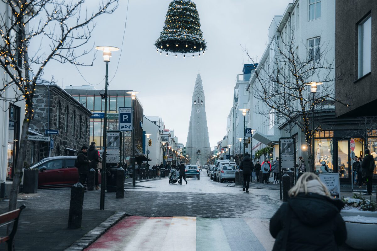 Main Reykjavik street decorated with bells for Christmas