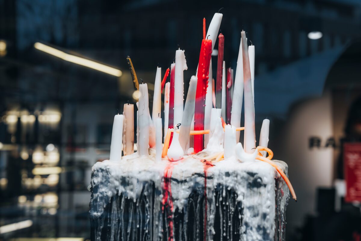 Burned candles decoration in shop exposition