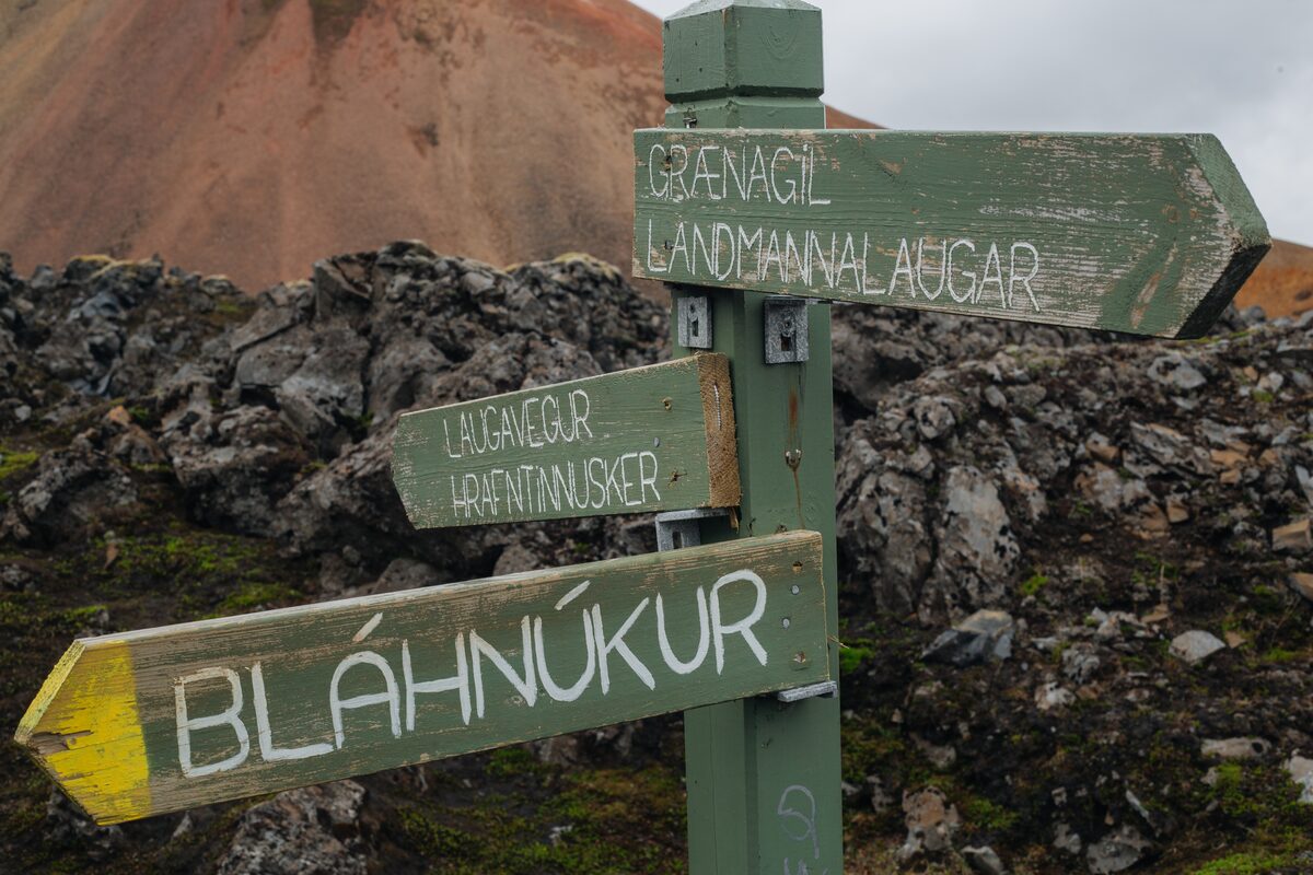 Wooden signs in Laugavegur trail