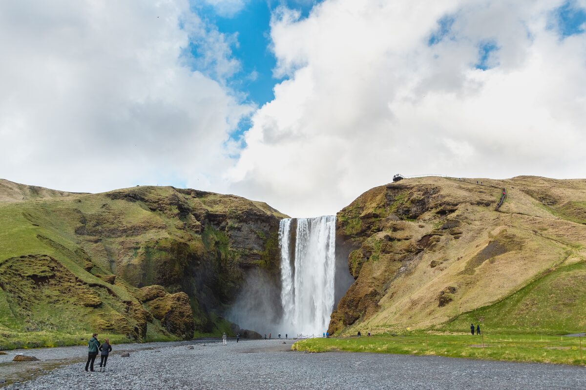 Panoramic view of Skogafoss waterfall