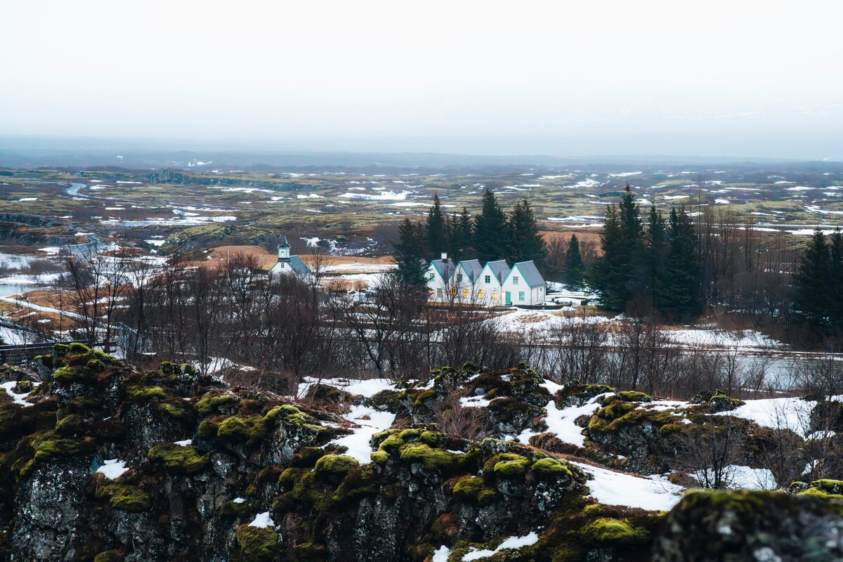 Thingvellir national park landscape with houses during winter