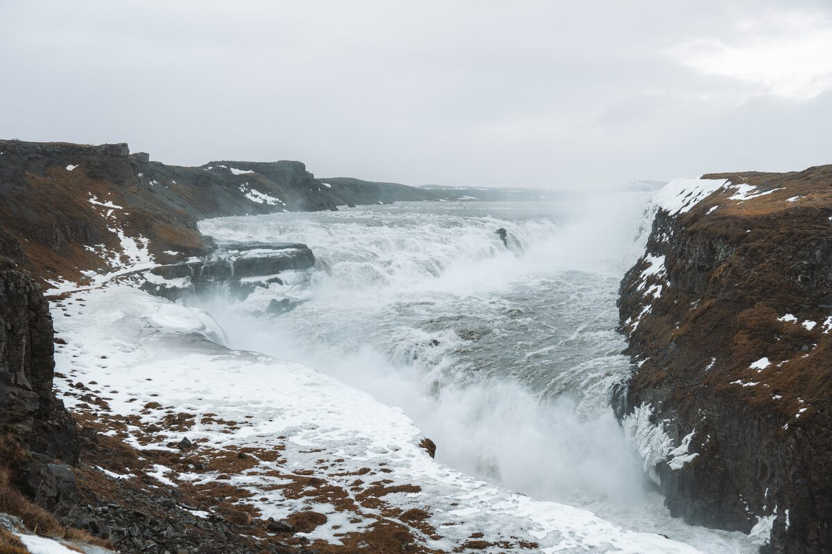 Gullfoss waterfall close up during winter in foggy weather