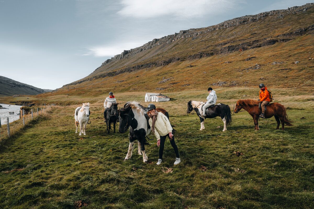 Small tour group of four tourists riding horses and walking in horse paddock