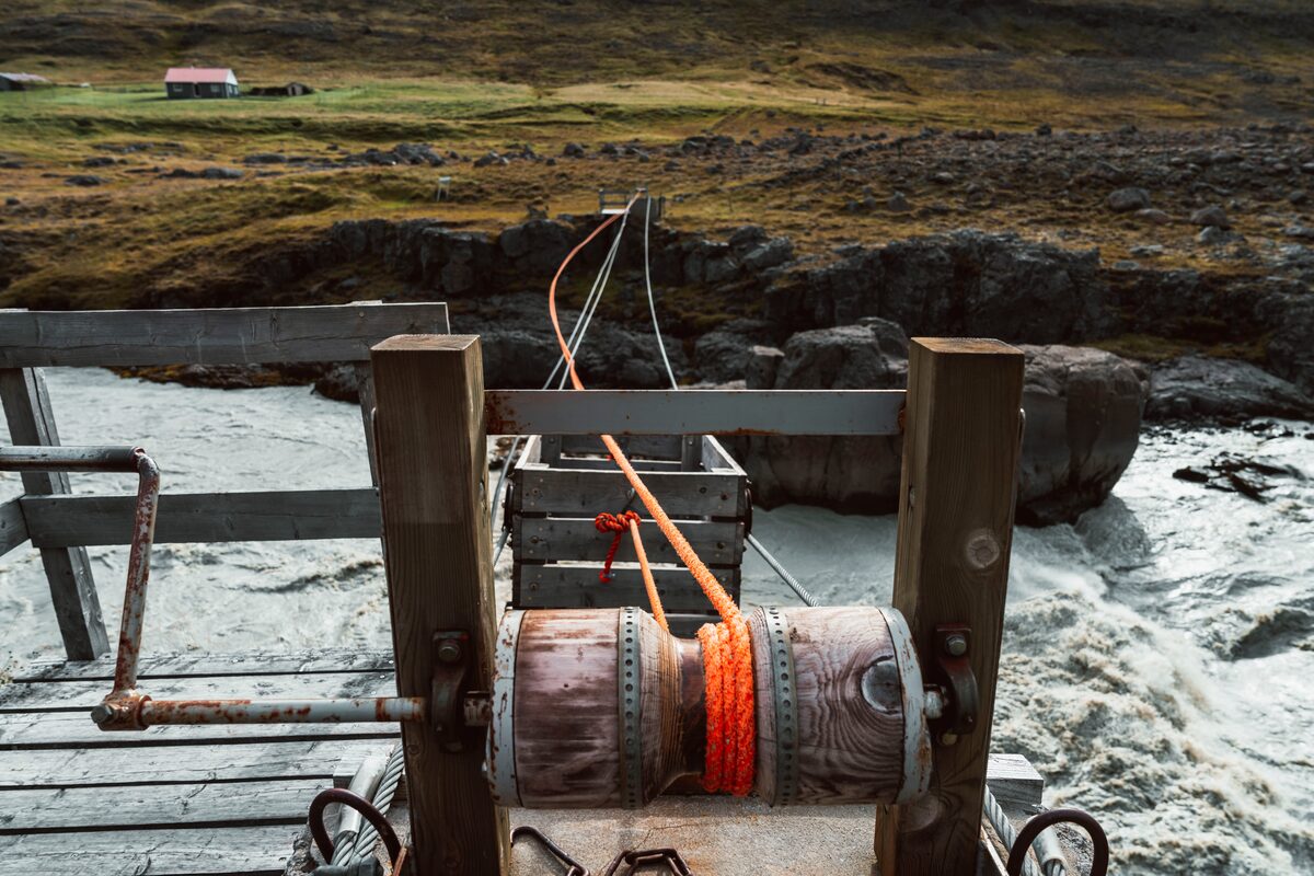 Close up view of cable way for river crossing at Wilderness center
