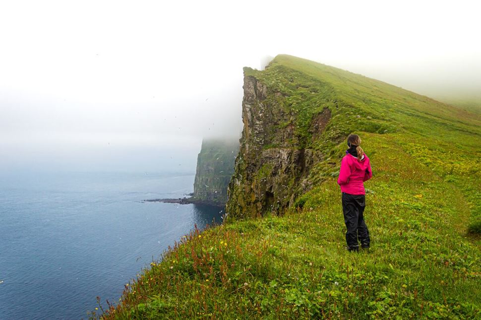 Lady in pink coat standing on green grassy cliff overlooking sea
