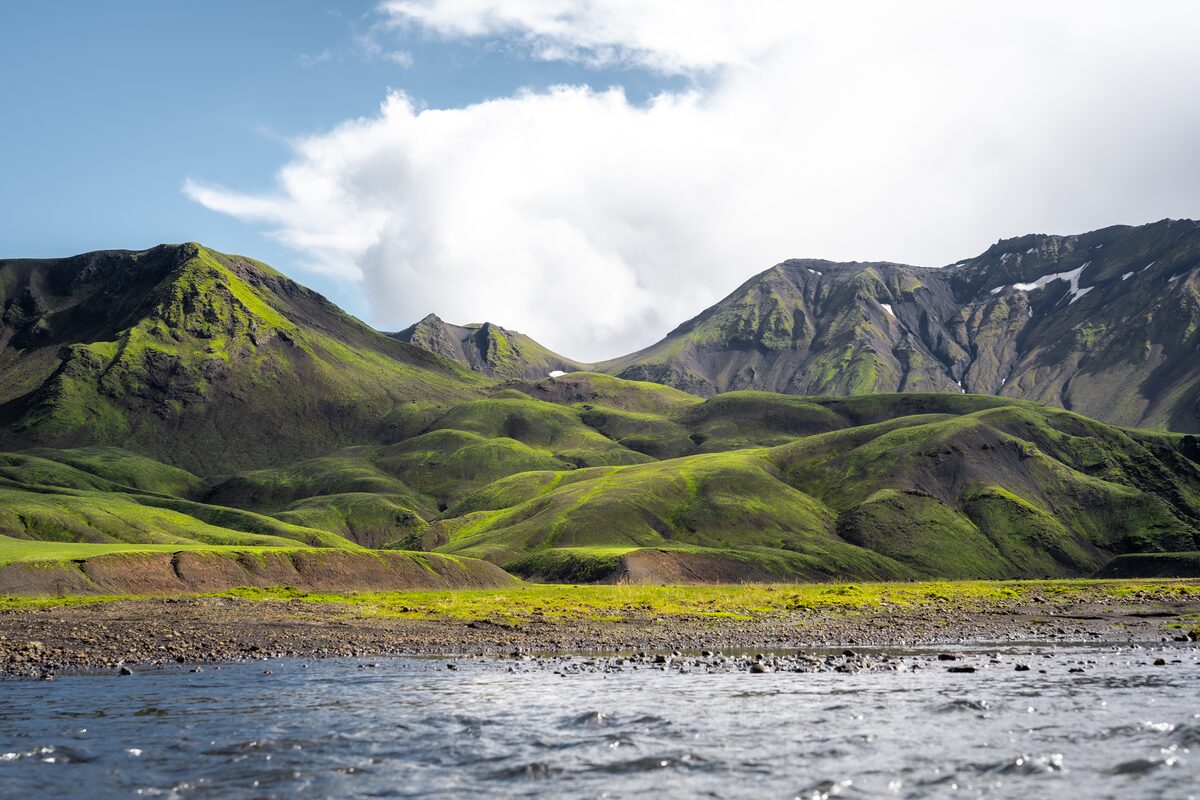 Beautiful green mountains at Laugavegur with river 
