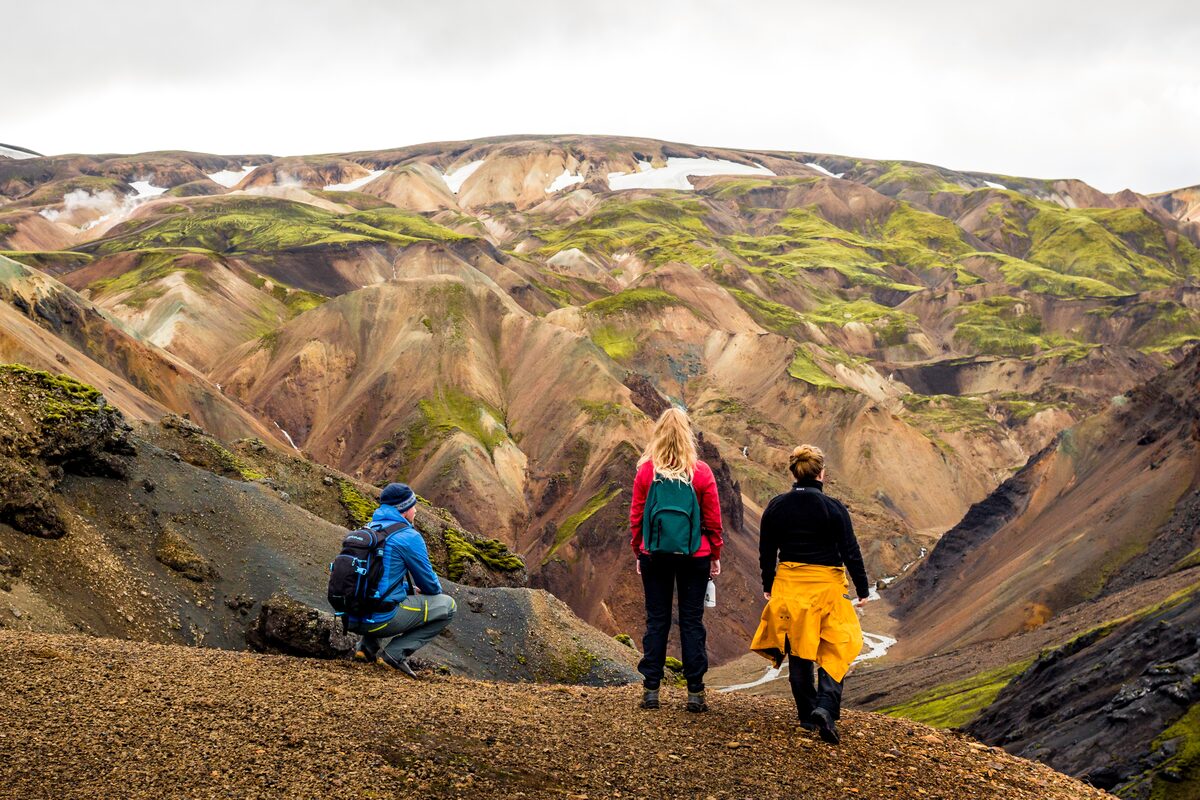 Group of hiking friends standing on a peak looking down at Landmannalaugar mountains. 