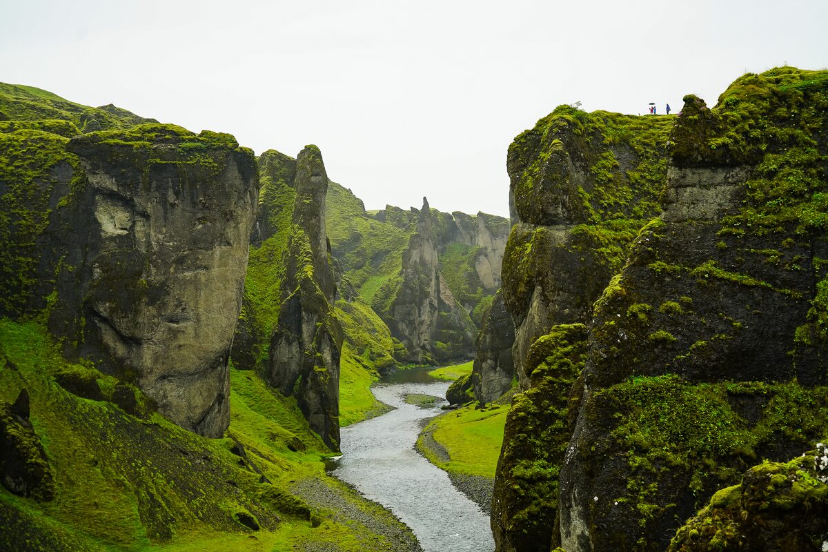 Green canyons covered in Icelandic moss with path in middle 